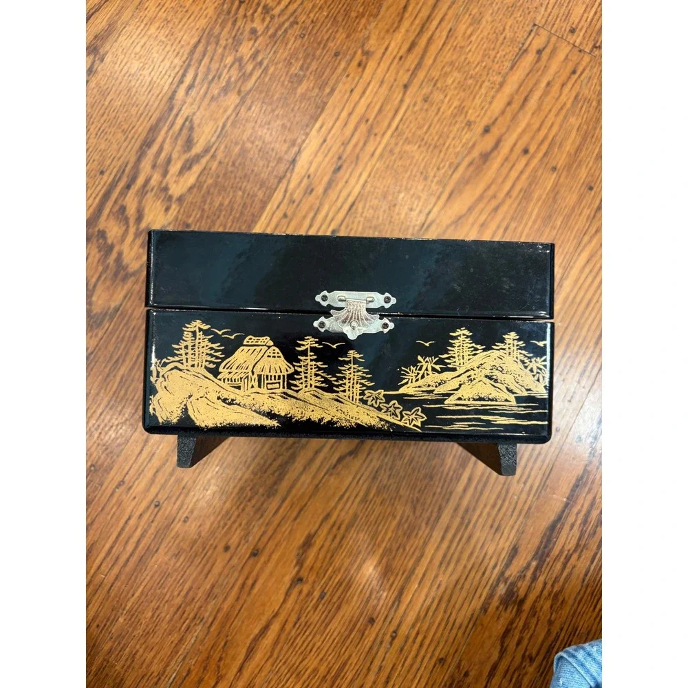 Vintage Japanese Lacquer Music Jewelry Box Ballerina Mt Fuji Pagoda Black Red